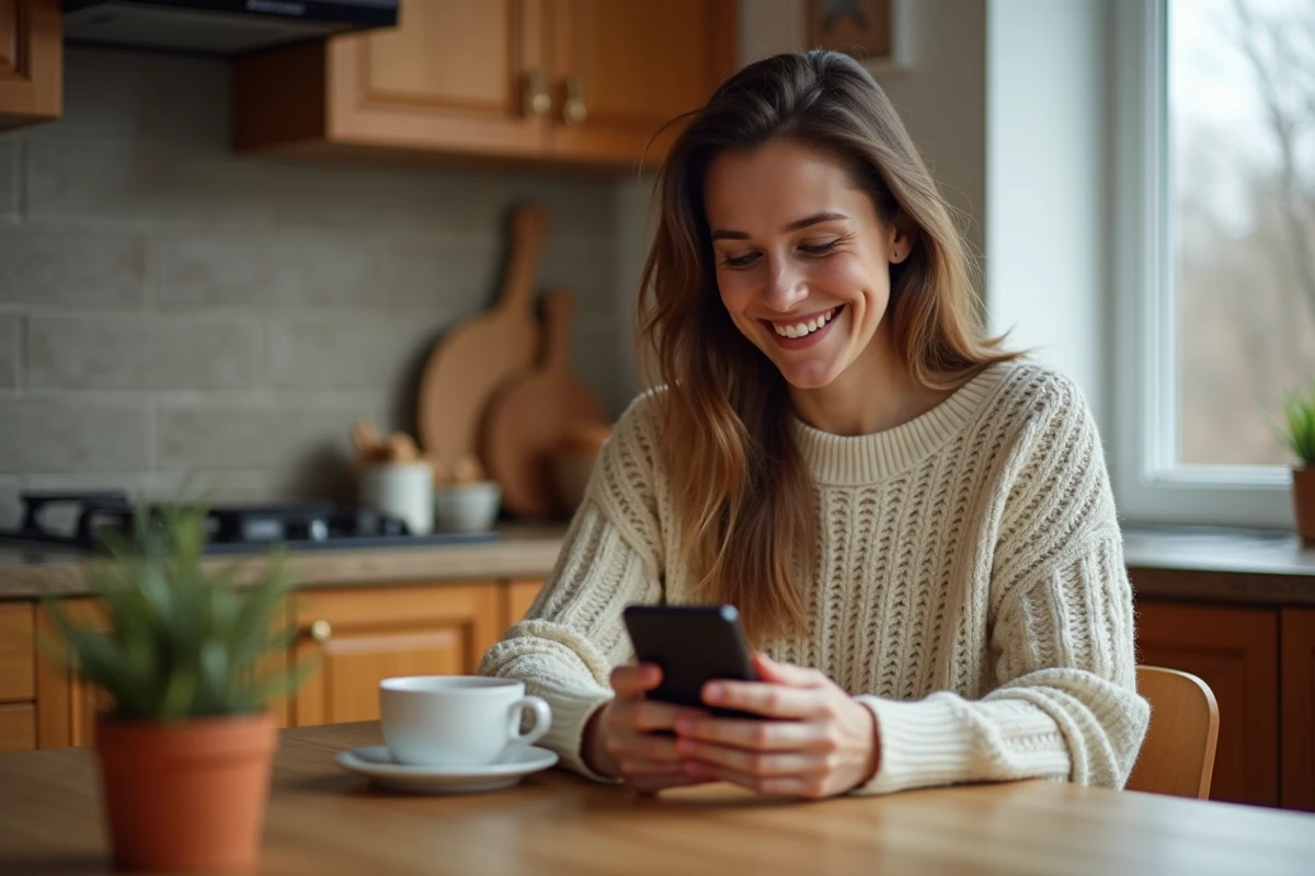 Femme souriante qui envoie un SMS d'anniversaire depuis sa cuisine avec son smartphone