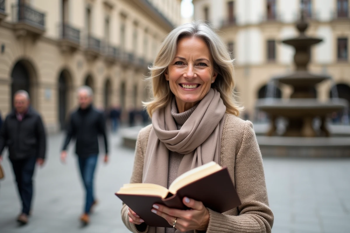Femme souriante avec journal dans une place urbaine europ&eacute;enne