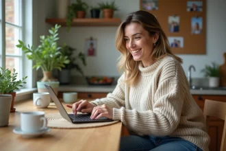 Femme souriante avec tablette dans une cuisine chaleureuse