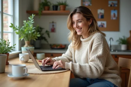 Femme souriante avec tablette dans une cuisine chaleureuse