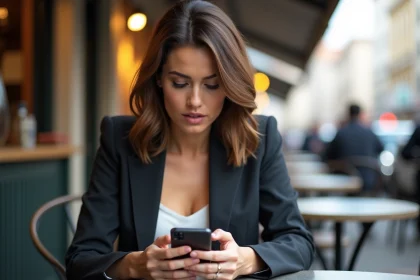 Femme en blazer regardant son smartphone en ville