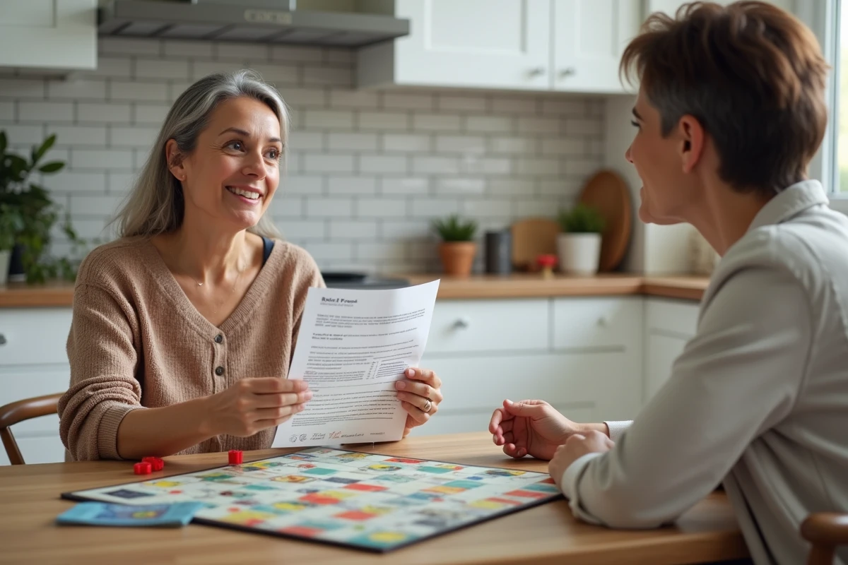 Deux femmes consultant les règles imprimées de la Bonne Paye pendant une partie à la maison