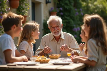 Grand-père entouré de sa famille dans un jardin provençal lors de la Fête des grands-pères 2026 en France
