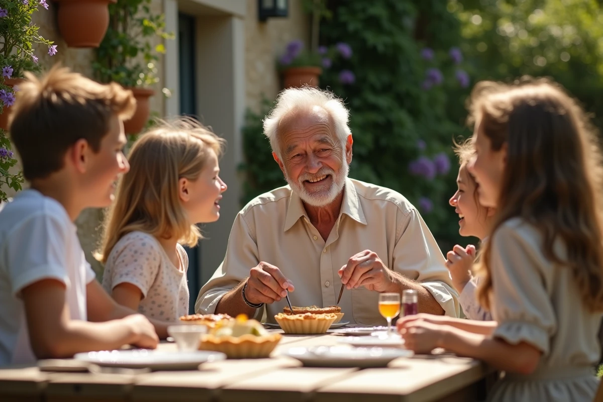 Grand-père entouré de sa famille dans un jardin provençal lors de la Fête des grands-pères 2026 en France