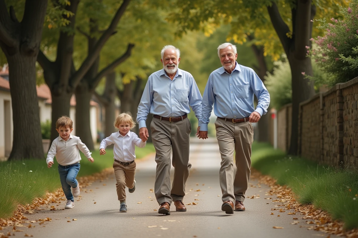 Deux grands-pères se promenant avec leurs petits-enfants dans un village français lors de la Fête des grands-pères 2026