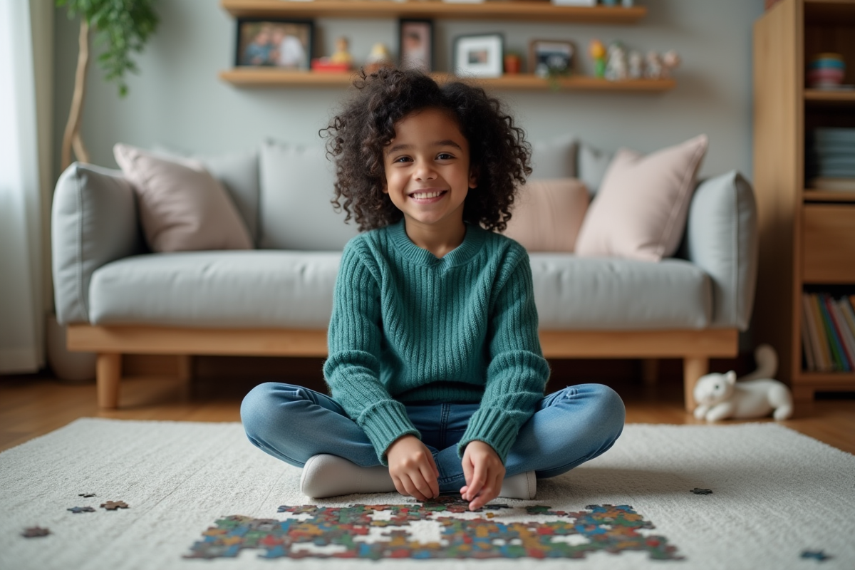 Fille de 10 ans souriante assemble un puzzle dans le salon