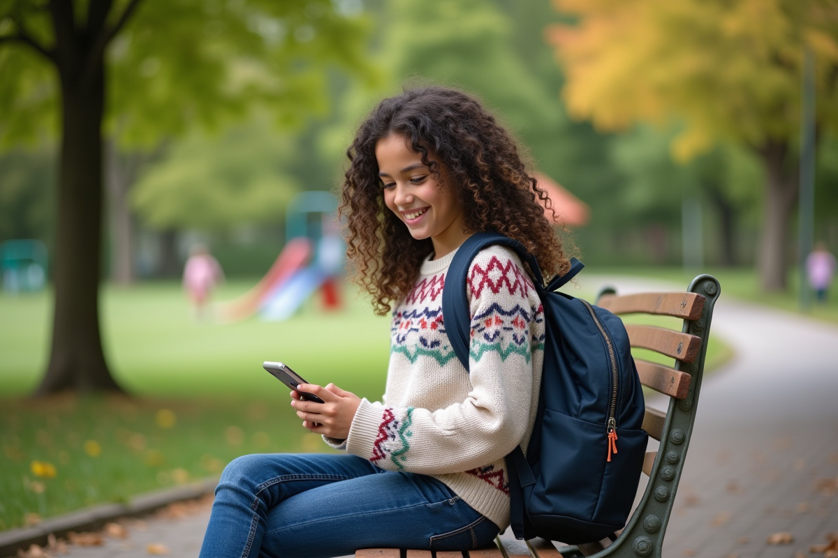 Fille de 12 ans avec smartphone dans un parc