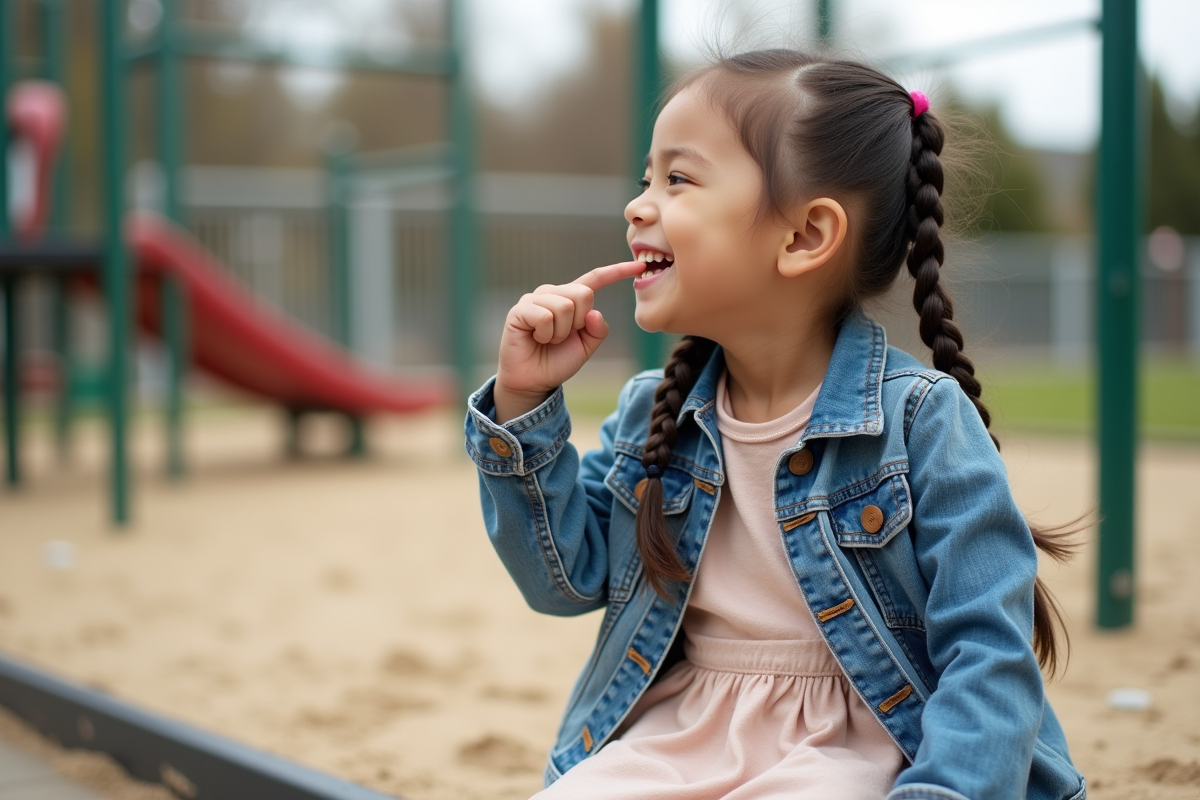 Fille de 8 ans jouant avec sa dent de devant