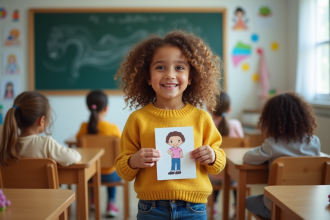 Jeune fille de 8 ans présente un dessin en classe