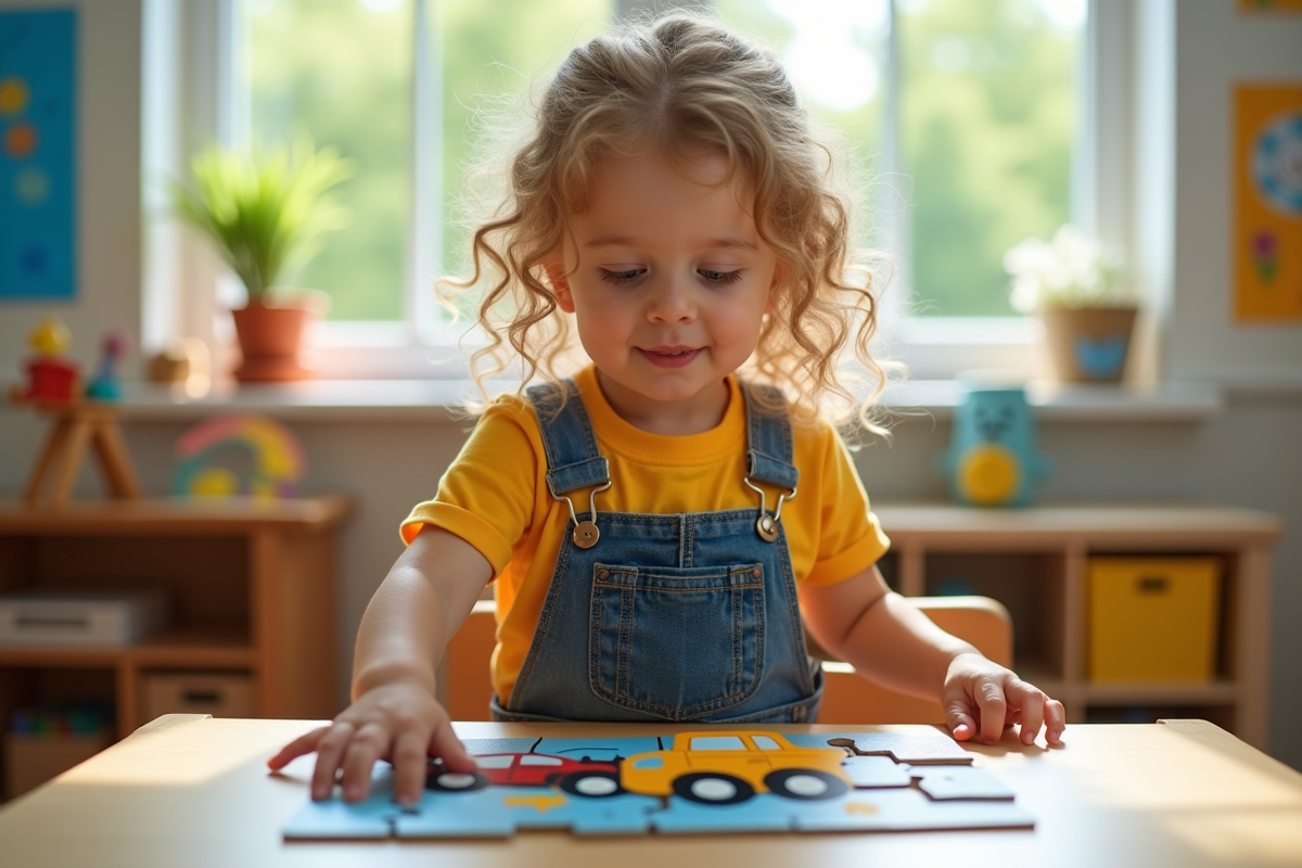 Fille de 3 ans joue avec un puzzle de véhicules dans une classe