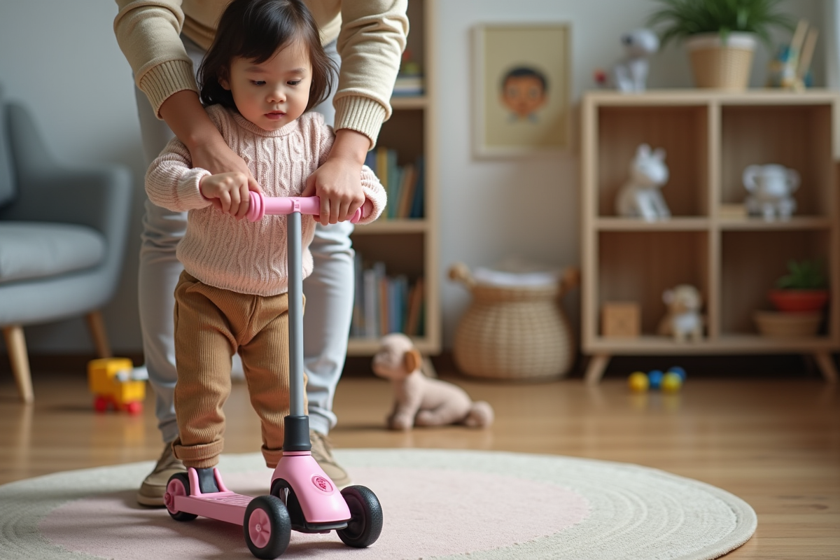 Petite fille apprenant à équilibrer sur un scooter rose