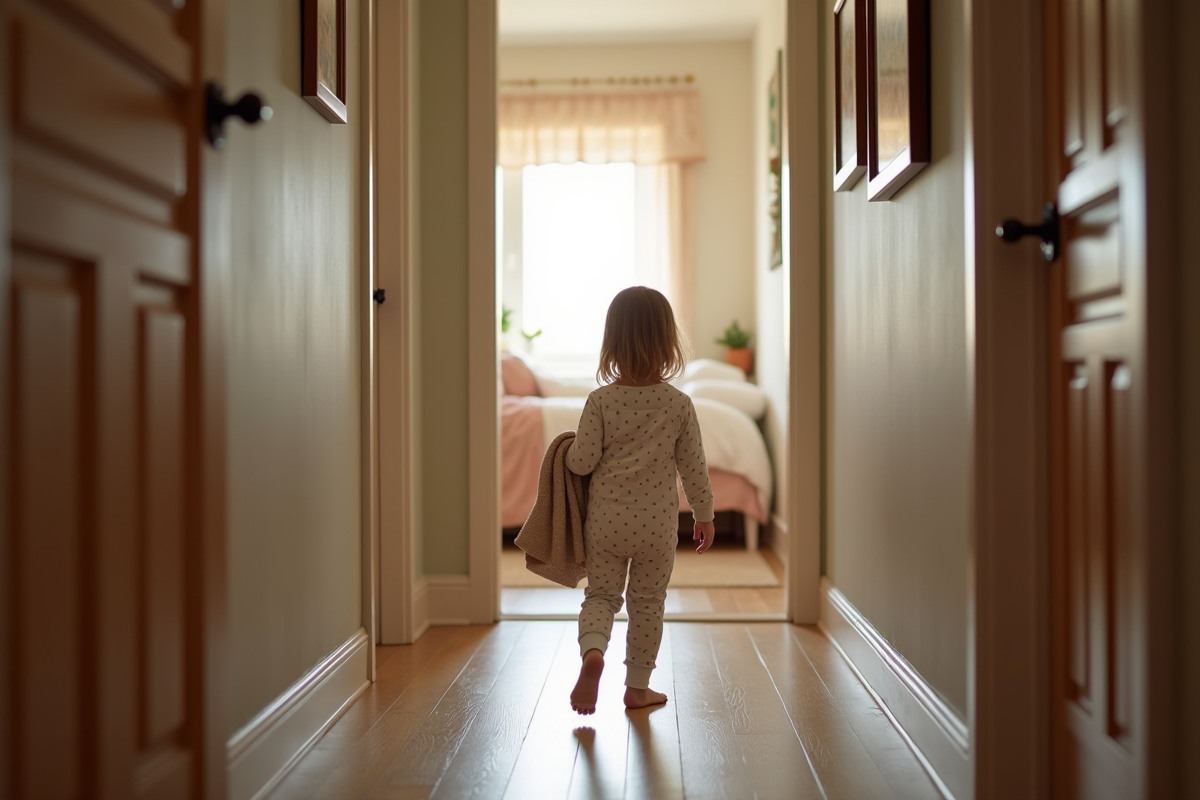 Fille timidement dans le couloir regardant sa chambre lumineuse