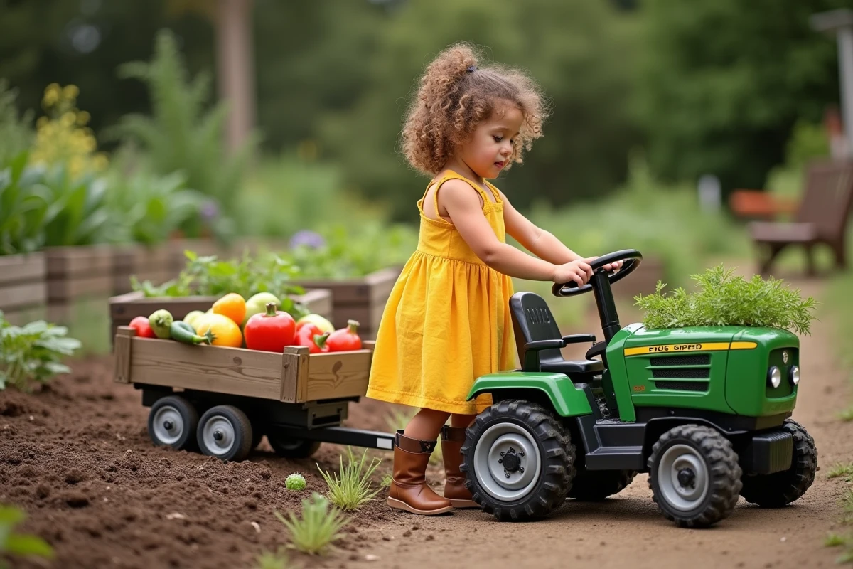Fille avec tracteur et légumes dans le jardin familial