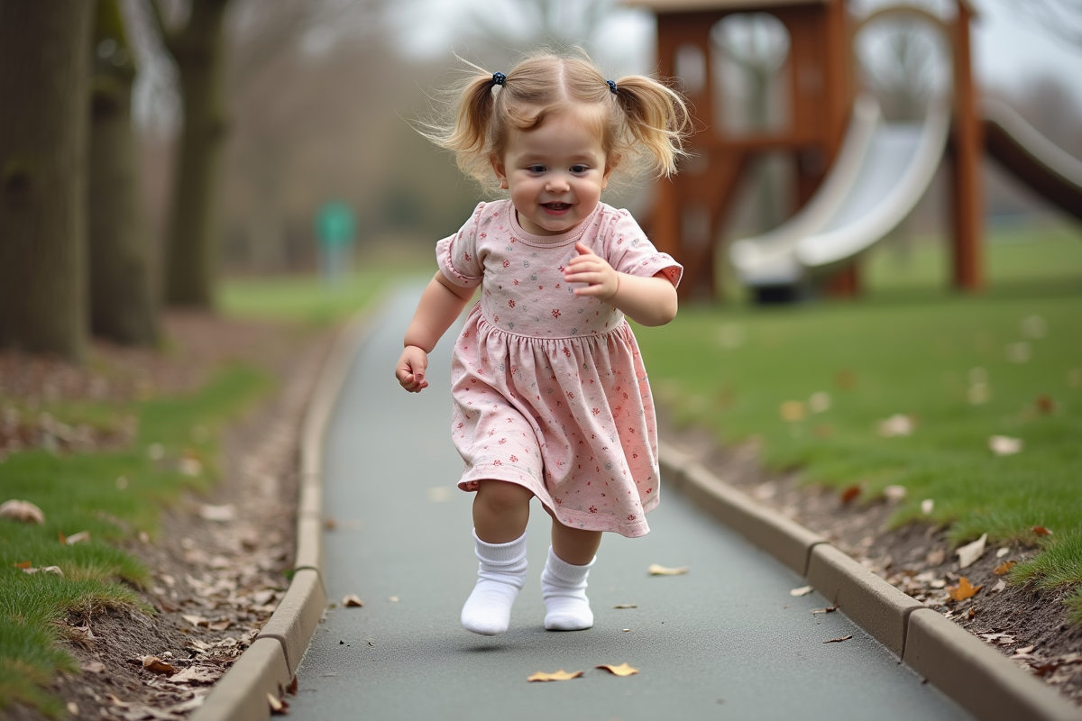 Fille de 2 ans courant dans un parc avec structure en bois