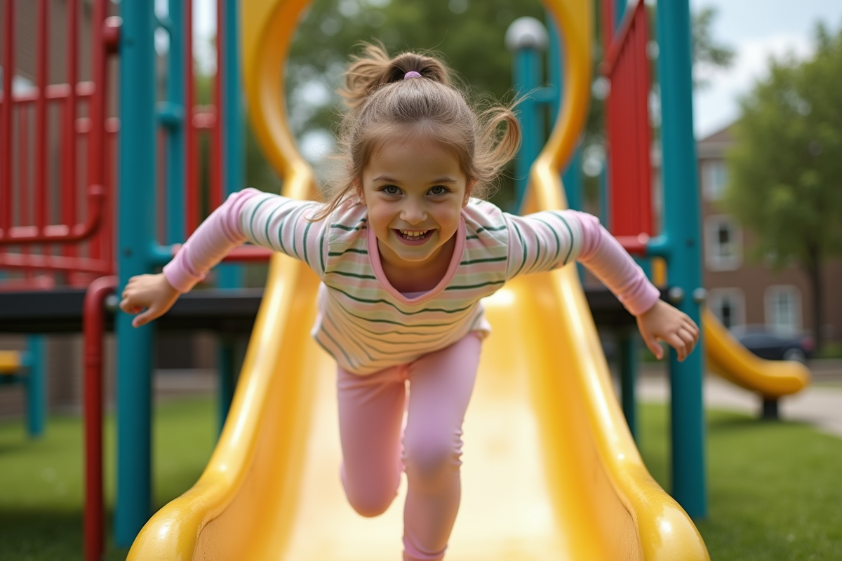Fille de 6 ans jouant sur une structure de parc