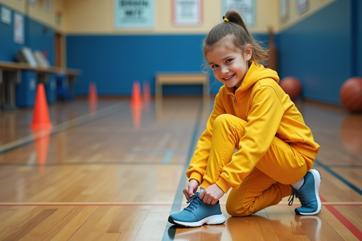 Jeune fille de 8 ans nouant ses lacets dans un gymnase