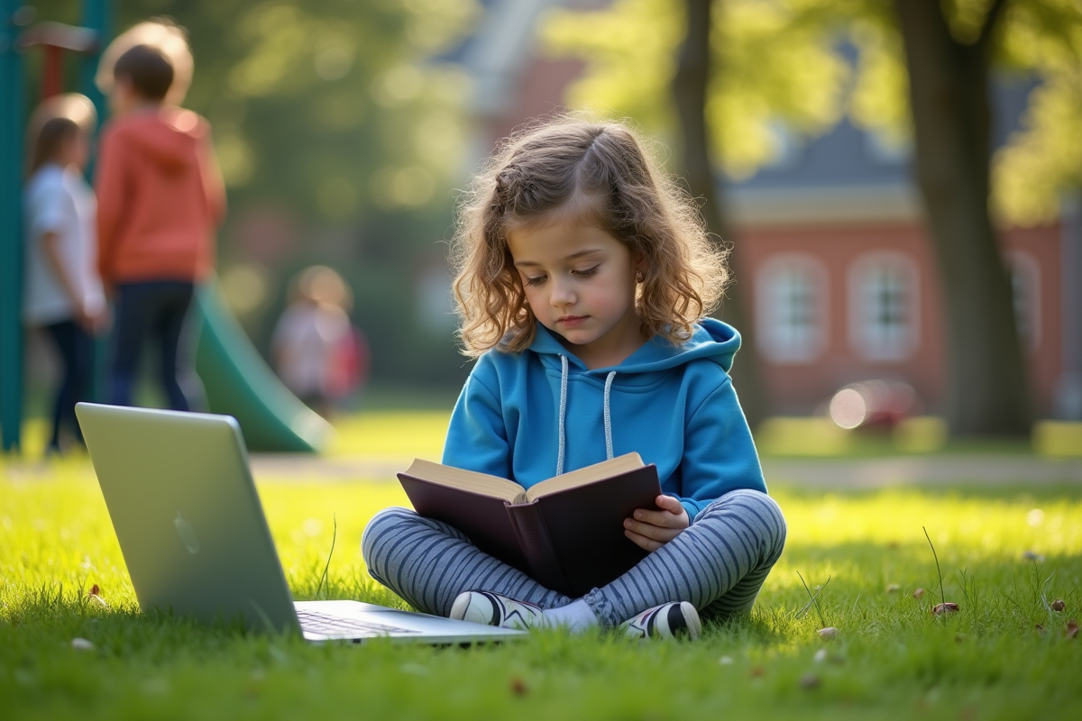 Fille de 9 ans lisant un livre sur la pelouse