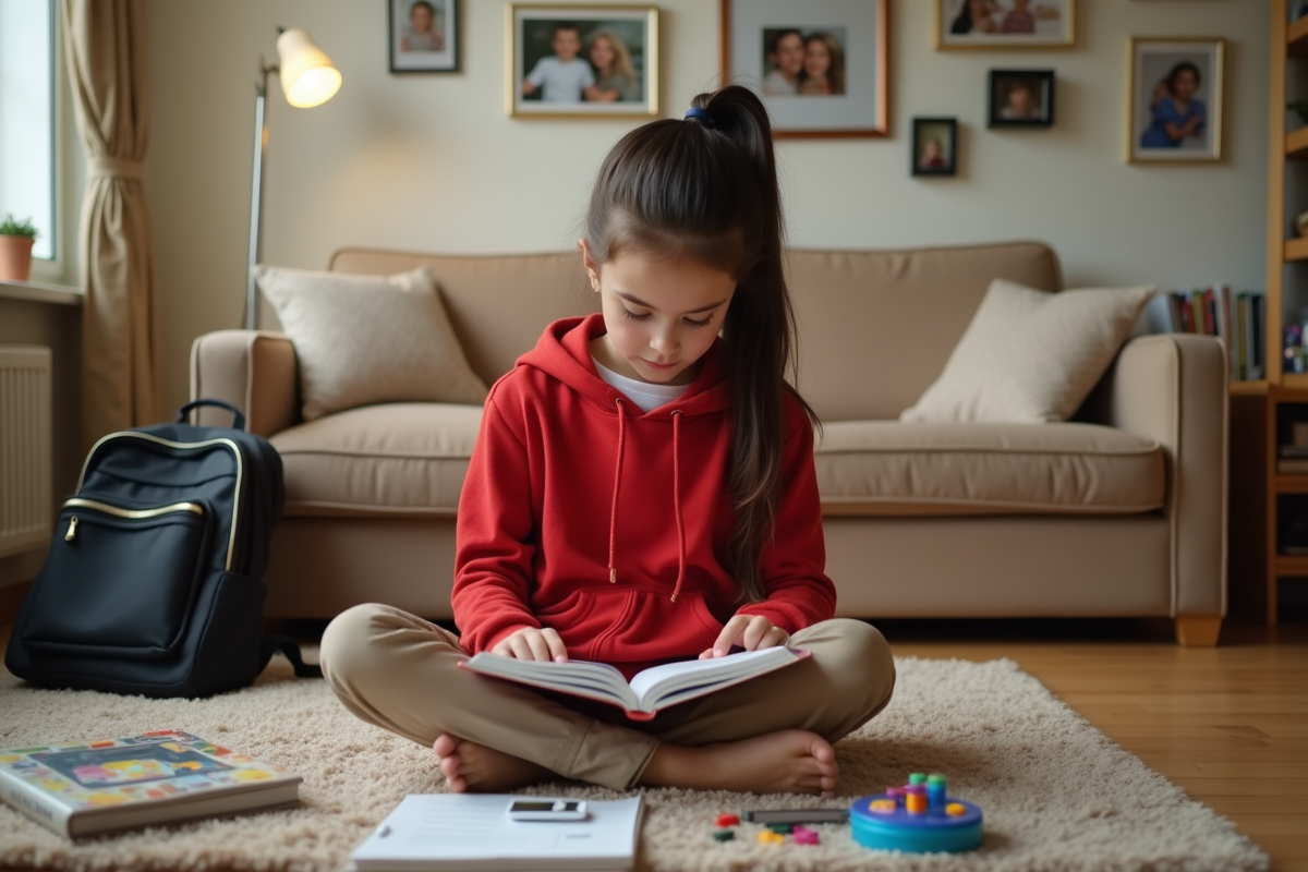 Fille concentrée lisant un livre de sciences dans le salon