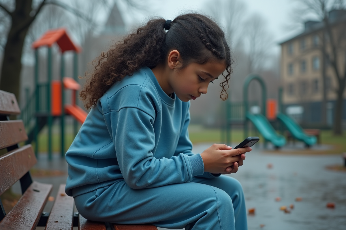 Fille de 12 ans assise sur un banc de parc regardant son smartphone