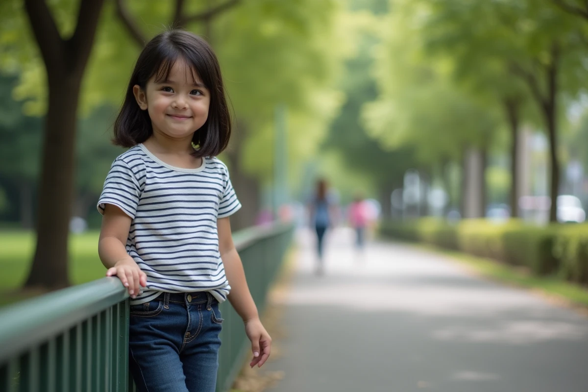 Fille de 9 ans souriante dans un parc urbain en ext&eacute;rieur