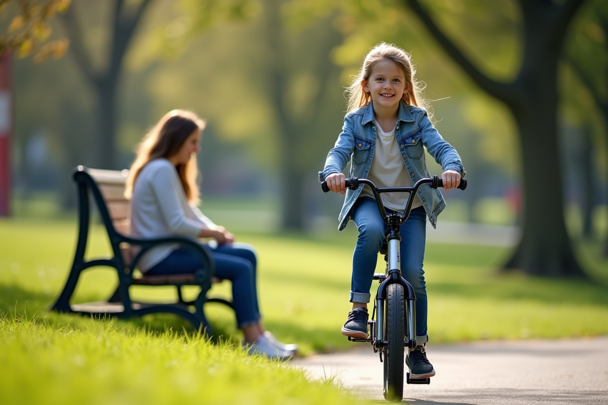 Fille de 10 ans pédale en confiance dans un parc ensoleille