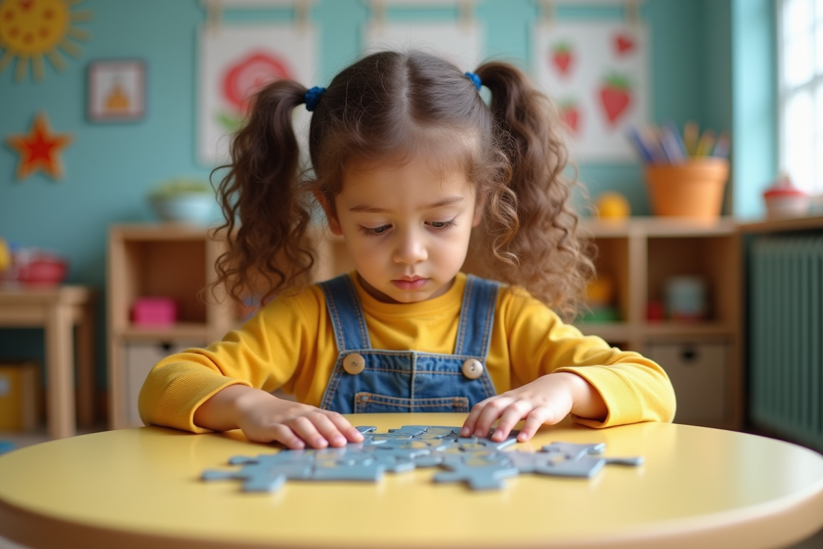 Fille concentrée manipulant un puzzle dans la classe