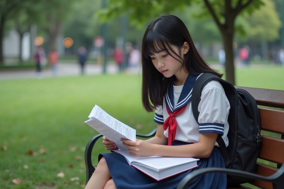 Fille assise sur un banc de parc regardant son bulletin