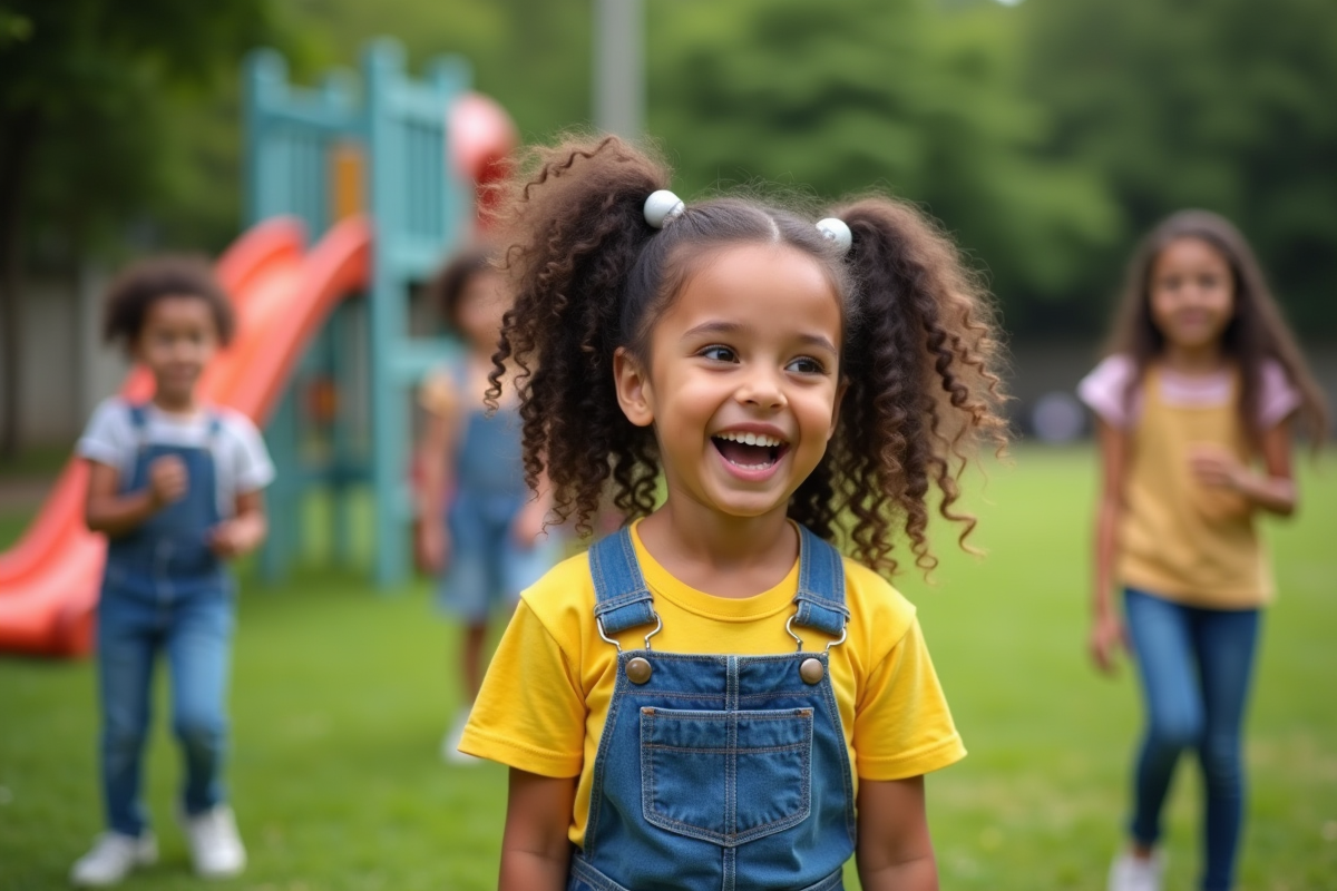 Fille de 9 ans riant avec des amis lors de la récréation