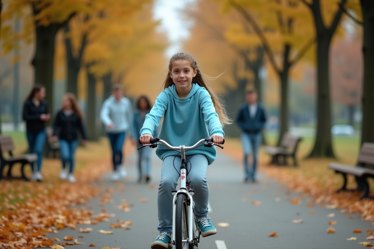 Jeune fille à vélo dans un parc avec amis et feuilles mortes
