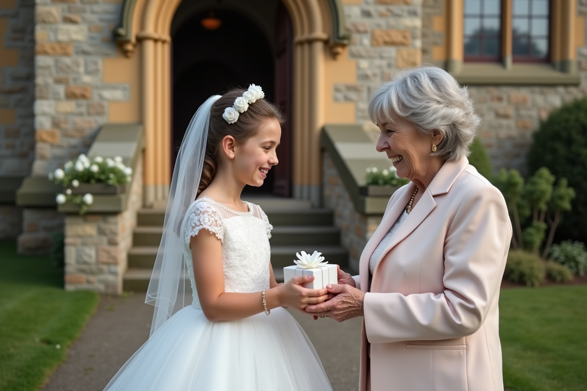 Fille en robe de communion recevant un cadeau devant l’église