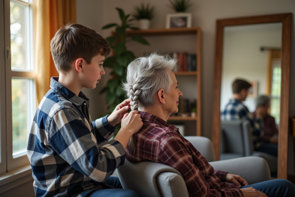 Fils coiffant doucement les cheveux de sa mère dans le salon