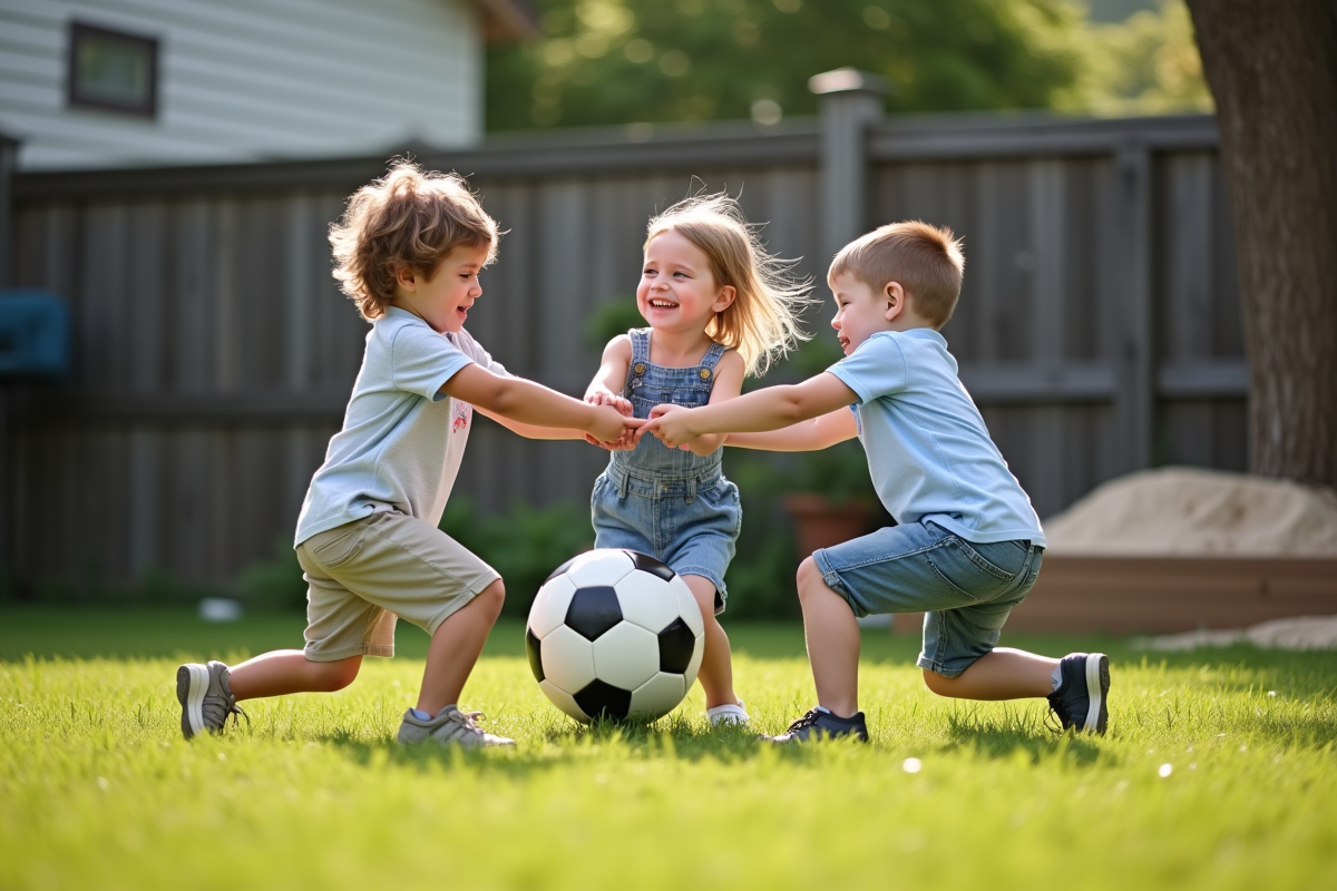 Trois freres jouent au football dans le jardin en été