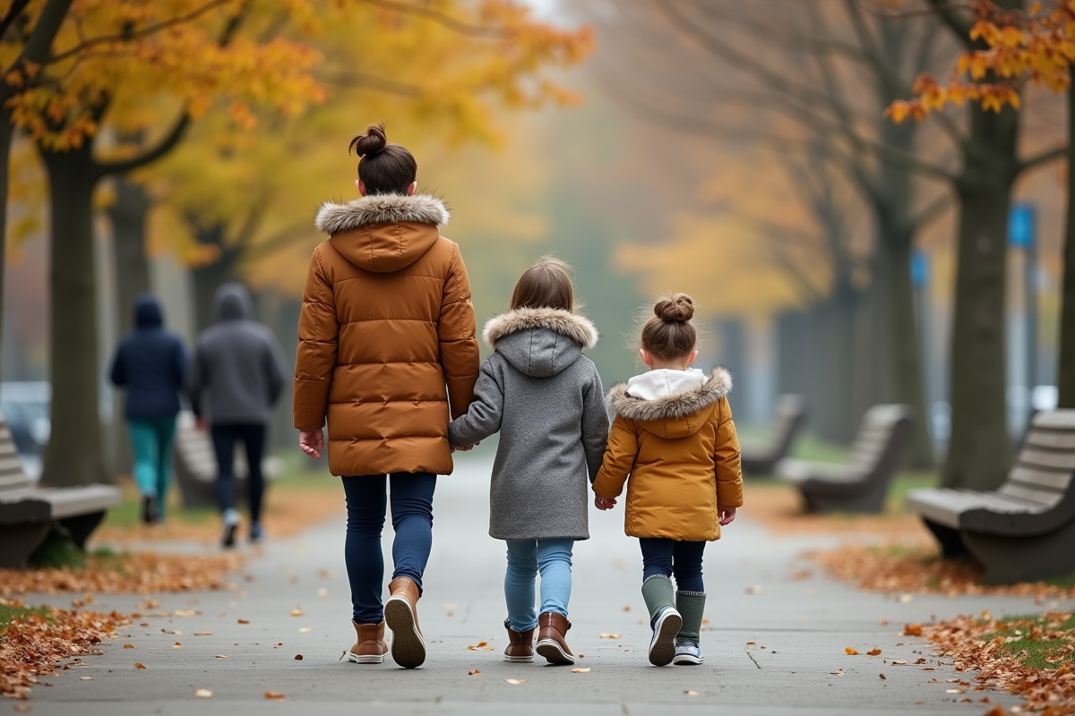 Trois frères et sœurs marchant dans un parc urbain