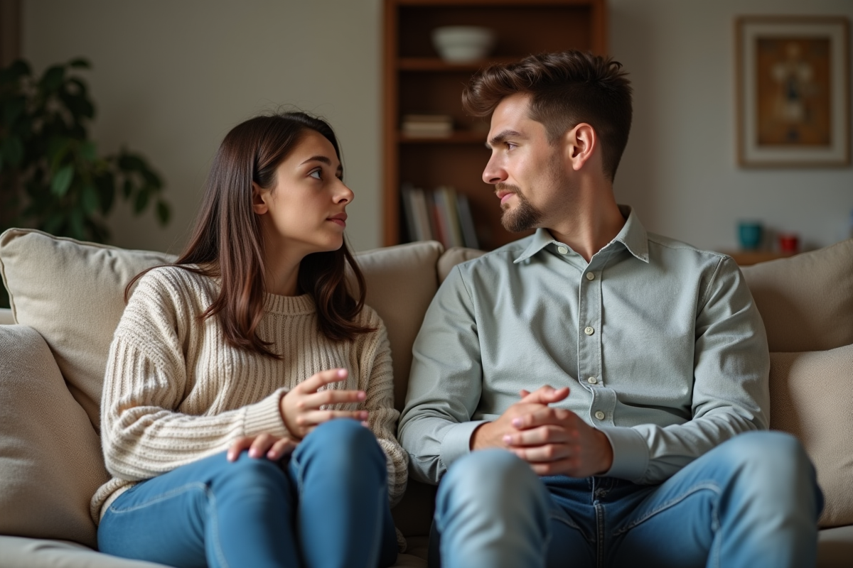 Deux frères et sœurs discutant sur un canapé familial