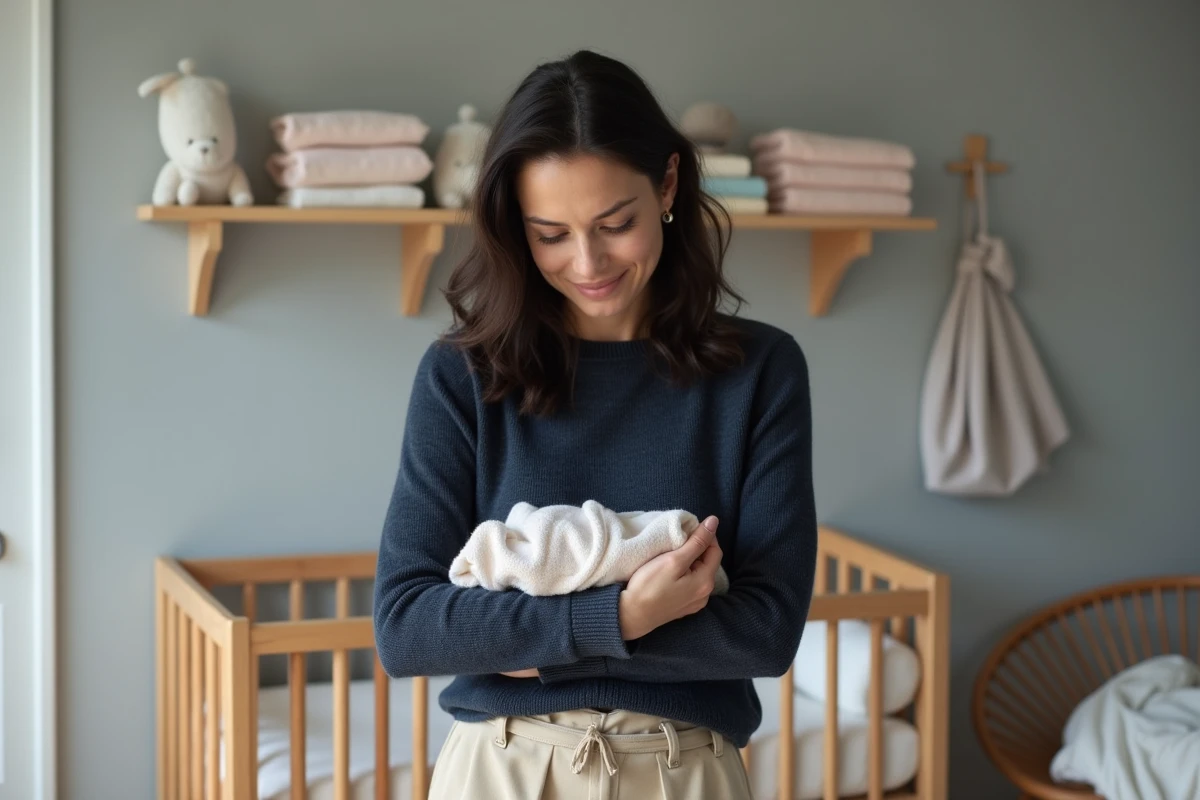Future maman dans une chambre de bébé moderne, tenant une couverture, ambiance intimiste et douce