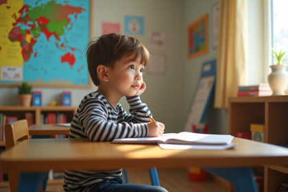 Garçon de 8 ans pensif dans une salle de classe lumineuse
