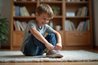 Jeune garçon de 8 ans attache ses chaussures dans un salon chaleureux