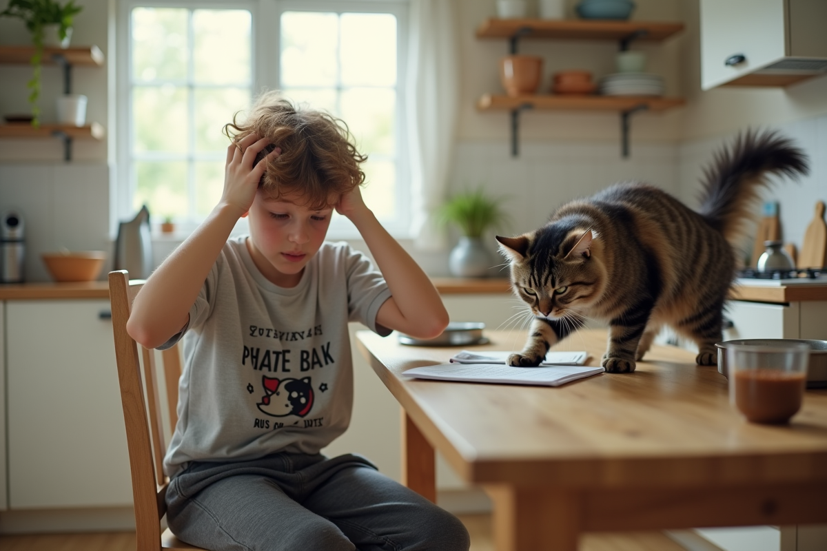 Adolescent avec chat renversant une tasse dans la cuisine