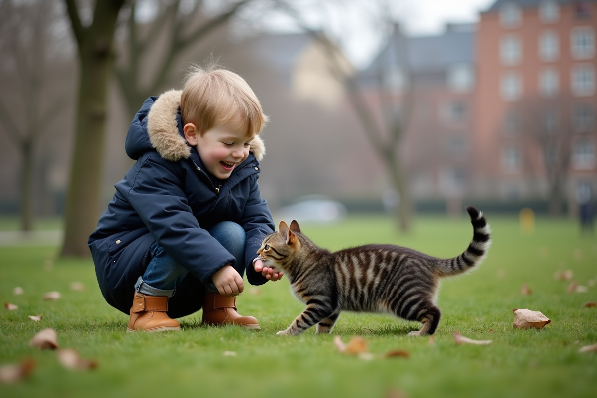 Garçon jouant avec un chat dans un parc urbain