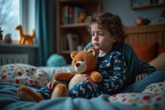 Garçon endormi en pyjama dinosaure avec maman dans sa chambre