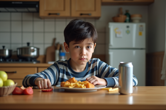 Garçon de 7 ans avec repas sain à la maison