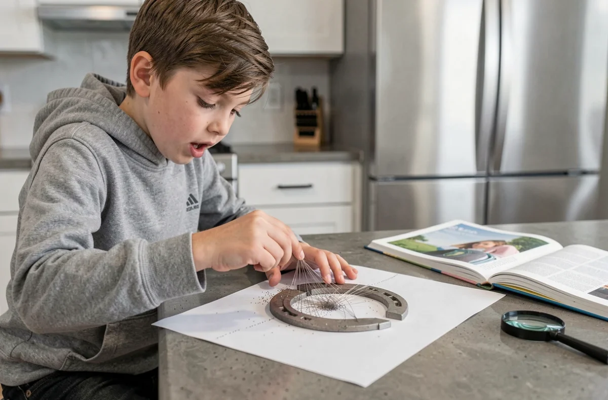 Garçon de 10 ans observant les lignes de champ magnétique formées par de la limaille de fer sur du papier blanc dans une cuisine moderne, expérience scientifique à la maison