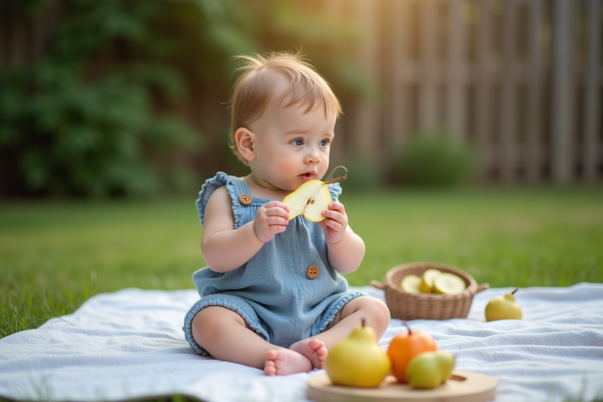 Bebe garcon regardant une tranche de poire dans le jardin