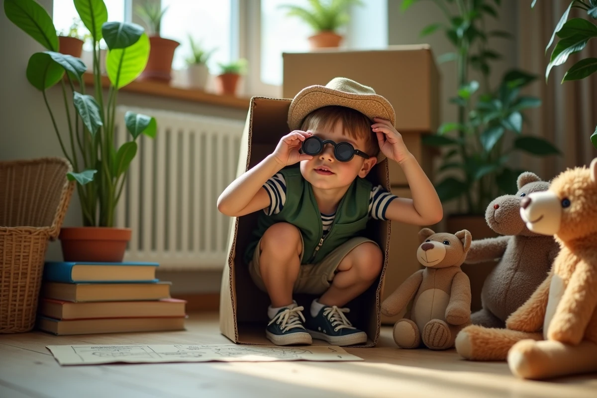 Gar&ccedil;on explorateur jouant dans un salon avec jouets