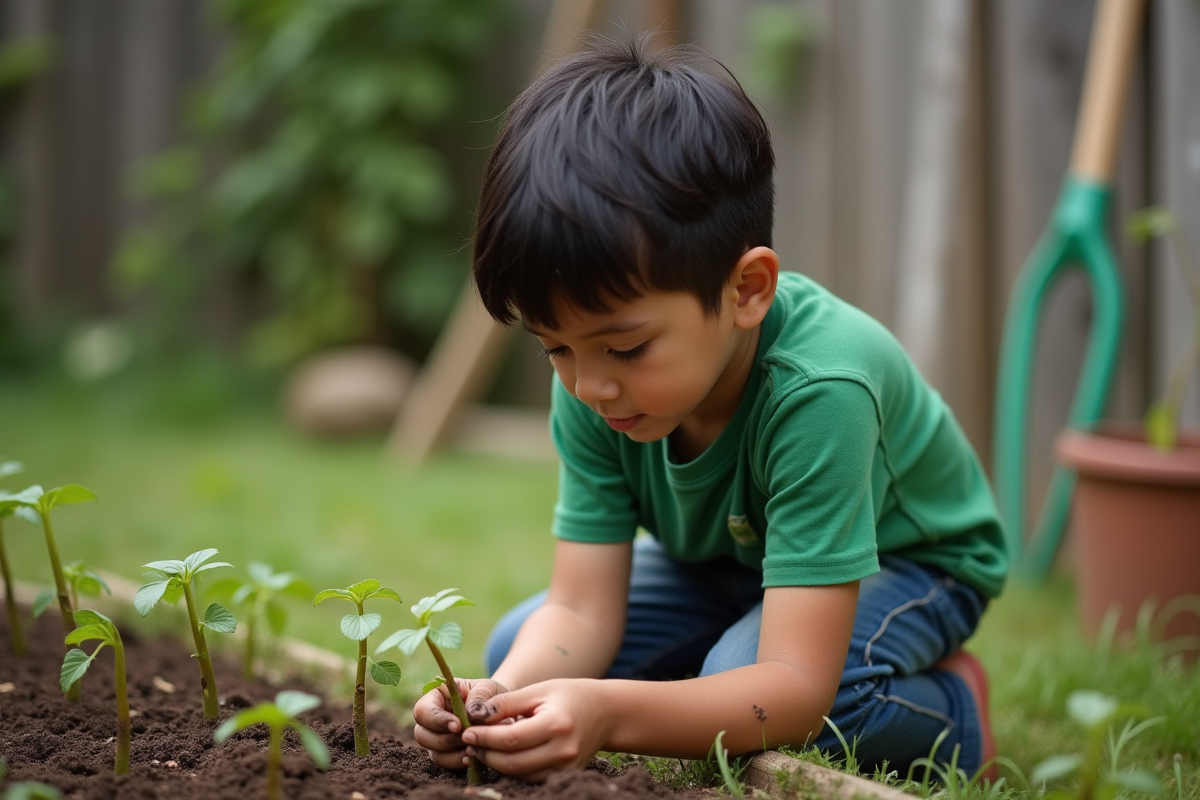 Garçon explorant des plantes dans un jardin extérieur
