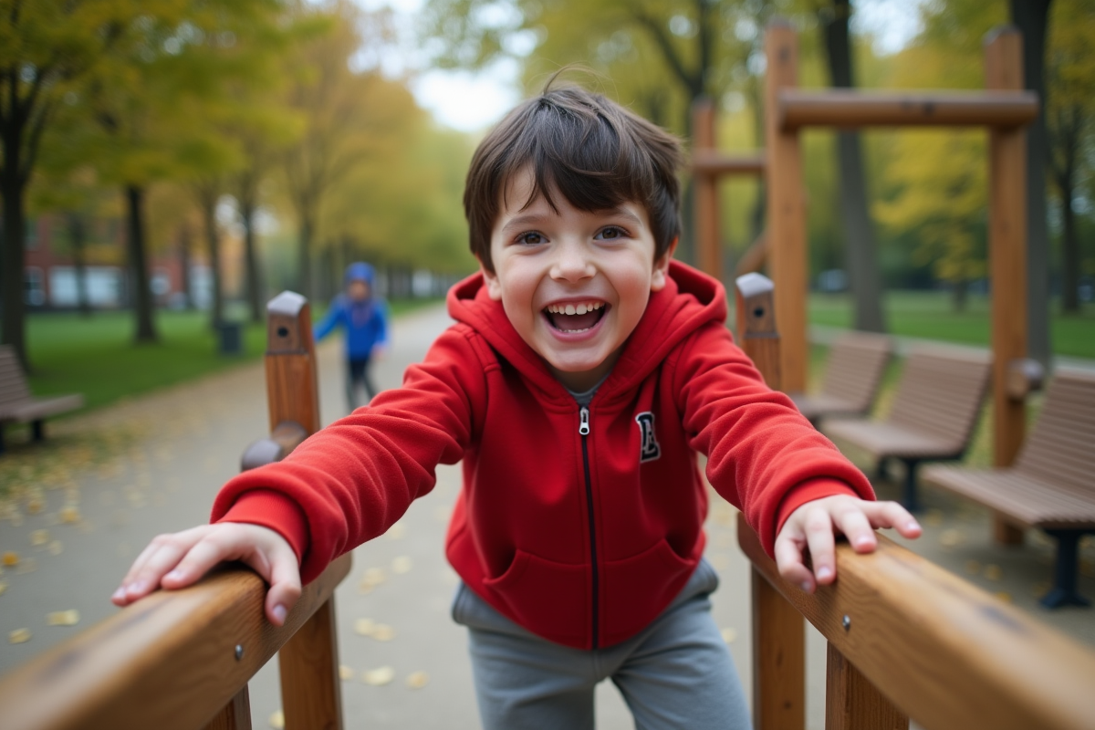 Garçon de 10 ans grimpe sur une structure de jeux extérieure