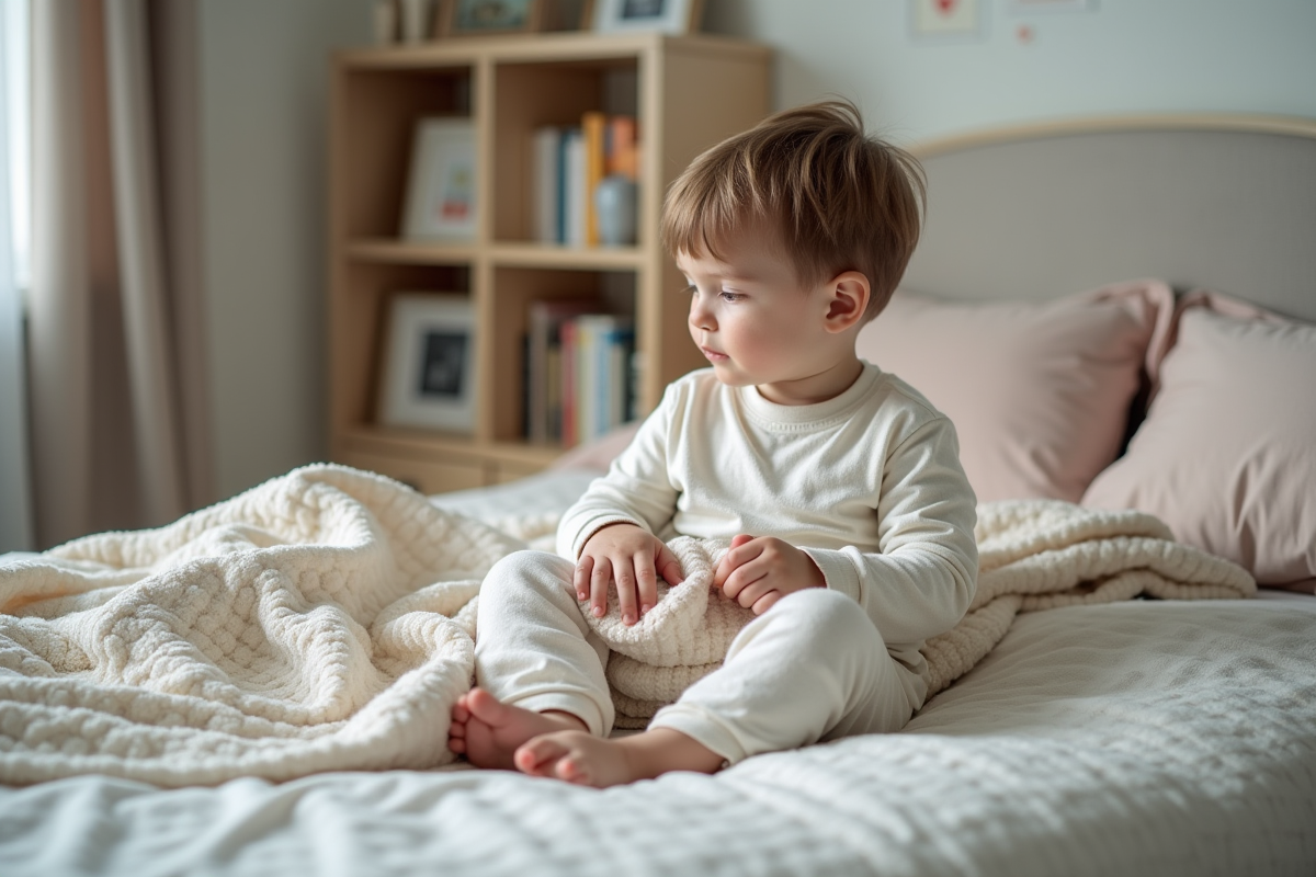 Jeune garçon en pyjama tenant sa couverture dans un lit moderne