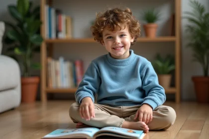 Gar&ccedil;on de 7 ans lisant un livre illustr&eacute; dans un salon chaleureux