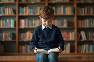 Garçon de 8 ans dans une bibliothèque calme et chaleureuse