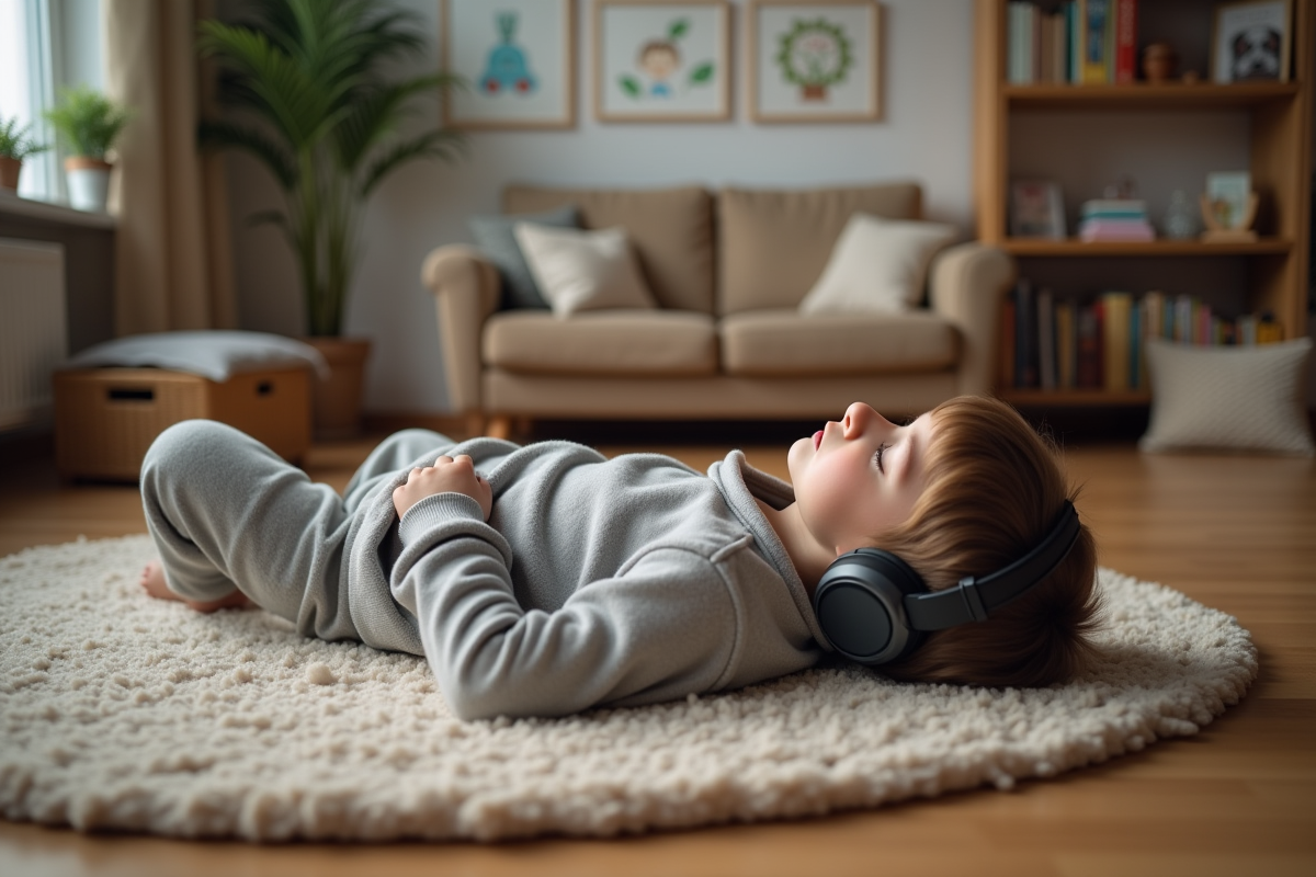 Garçon de 10 ans écoutant une méditation à la maison